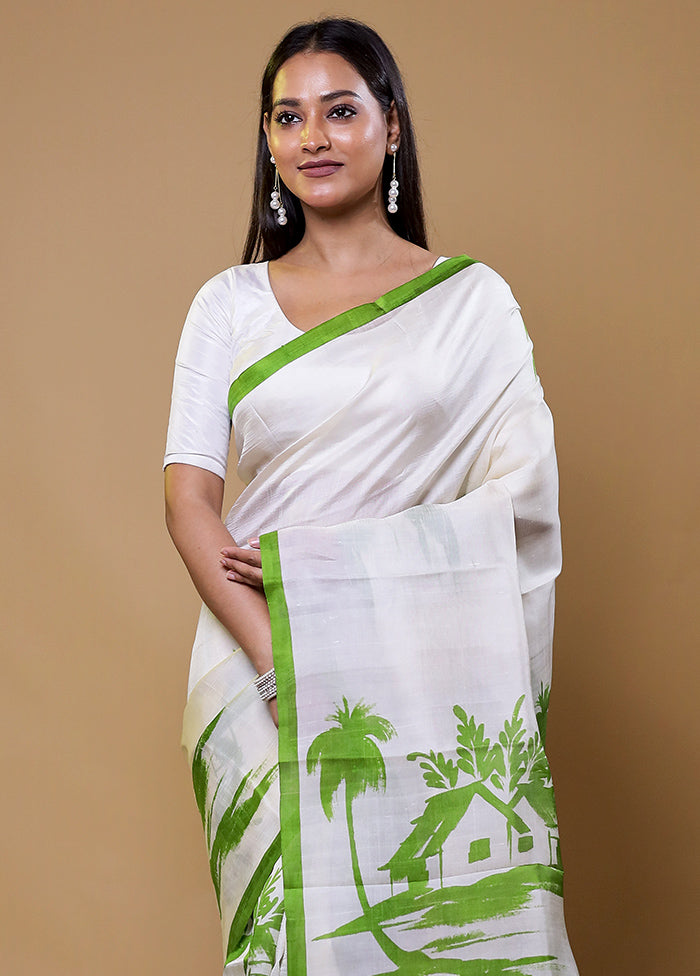 White Printed Pure Silk Saree Without Blouse Piece