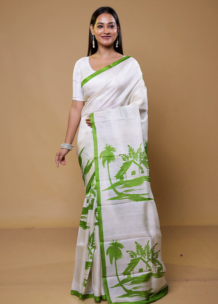 White Printed Pure Silk Saree Without Blouse Piece