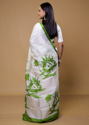 White Printed Pure Silk Saree Without Blouse Piece