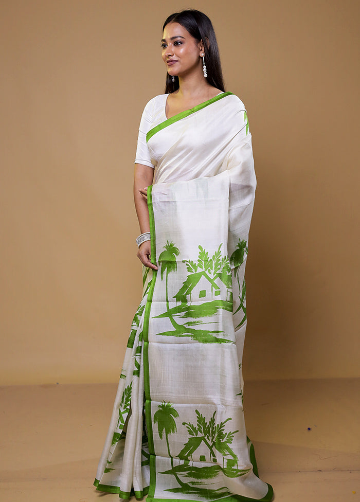 White Printed Pure Silk Saree Without Blouse Piece