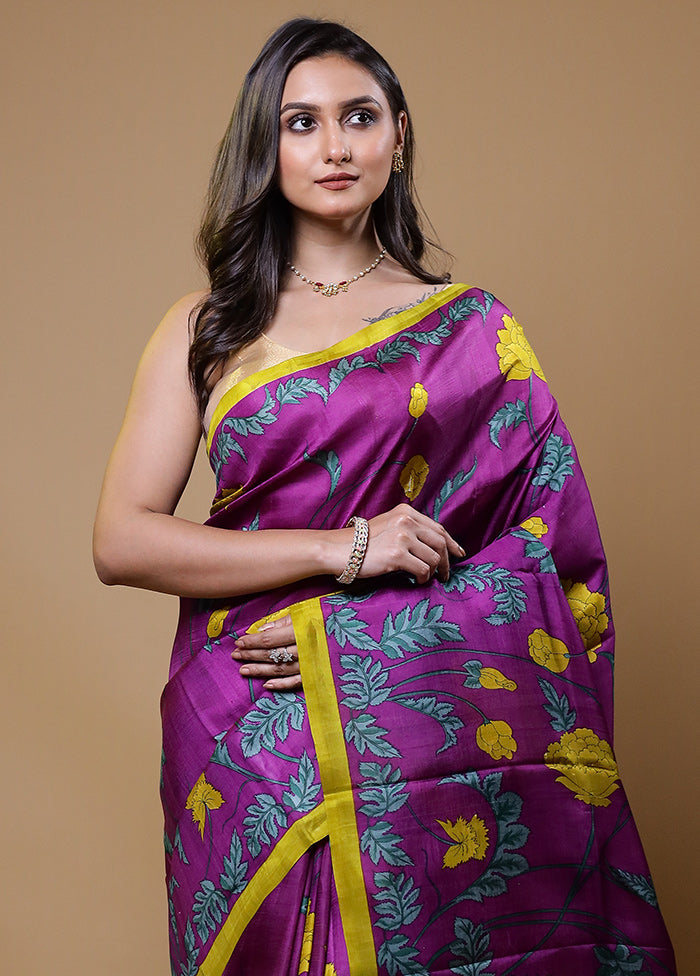 Purple Printed Pure Silk Saree Without Blouse Piece