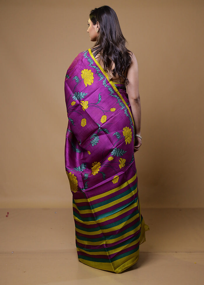 Purple Printed Pure Silk Saree Without Blouse Piece