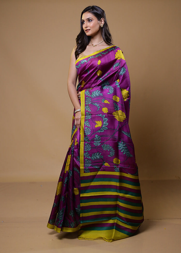 Purple Printed Pure Silk Saree Without Blouse Piece