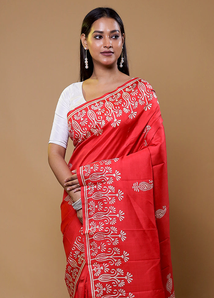 Red Pure Bishnupuri Silk Saree Without Blouse Piece