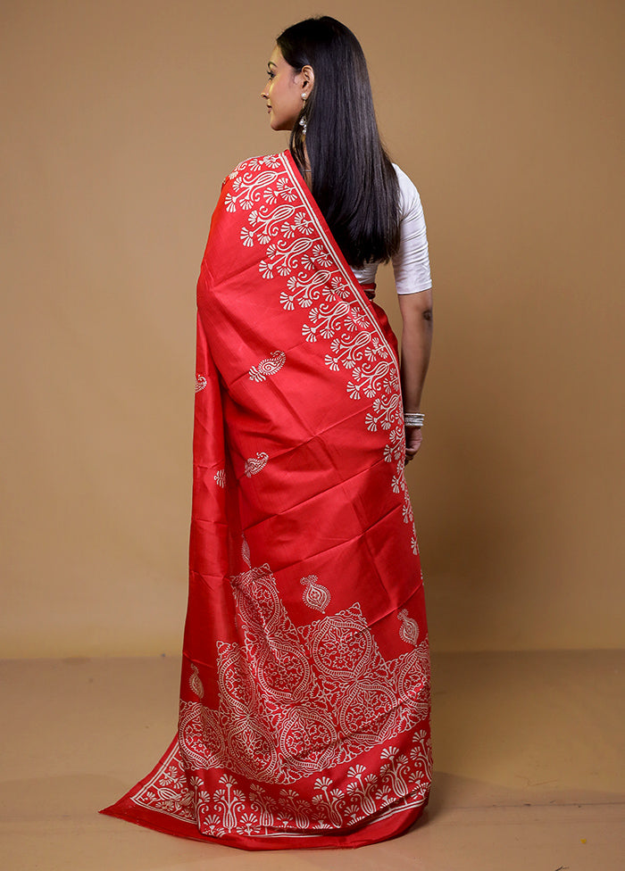 Red Pure Bishnupuri Silk Saree Without Blouse Piece