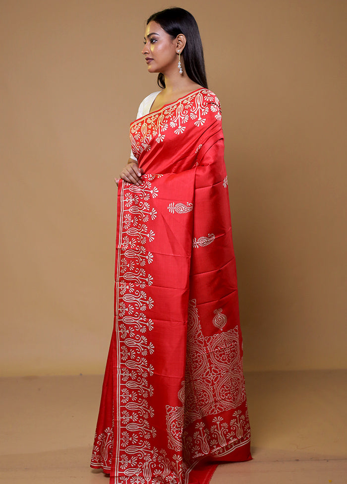 Red Pure Bishnupuri Silk Saree Without Blouse Piece