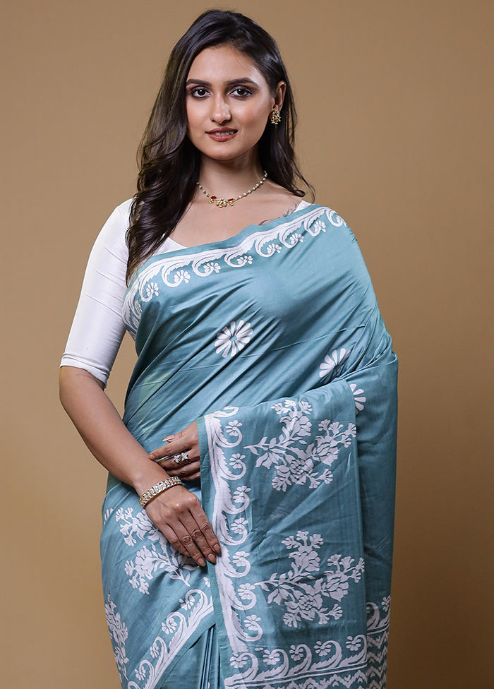 Blue Printed Silk Saree Without Blouse Piece