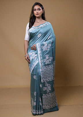 Blue Printed Silk Saree Without Blouse Piece