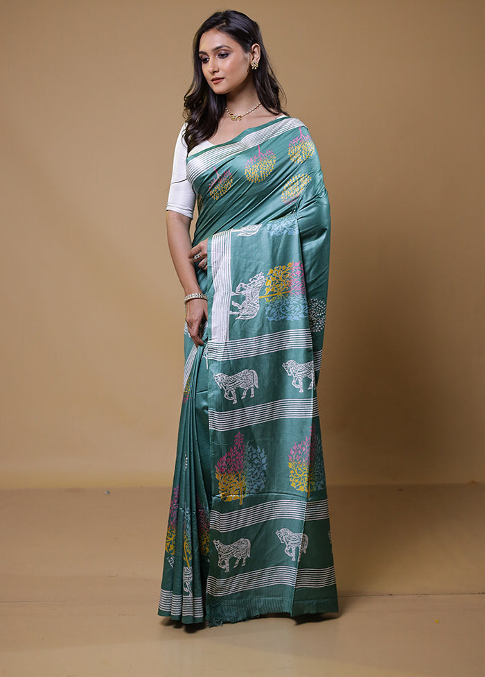 Green Printed Silk Saree Without Blouse Piece