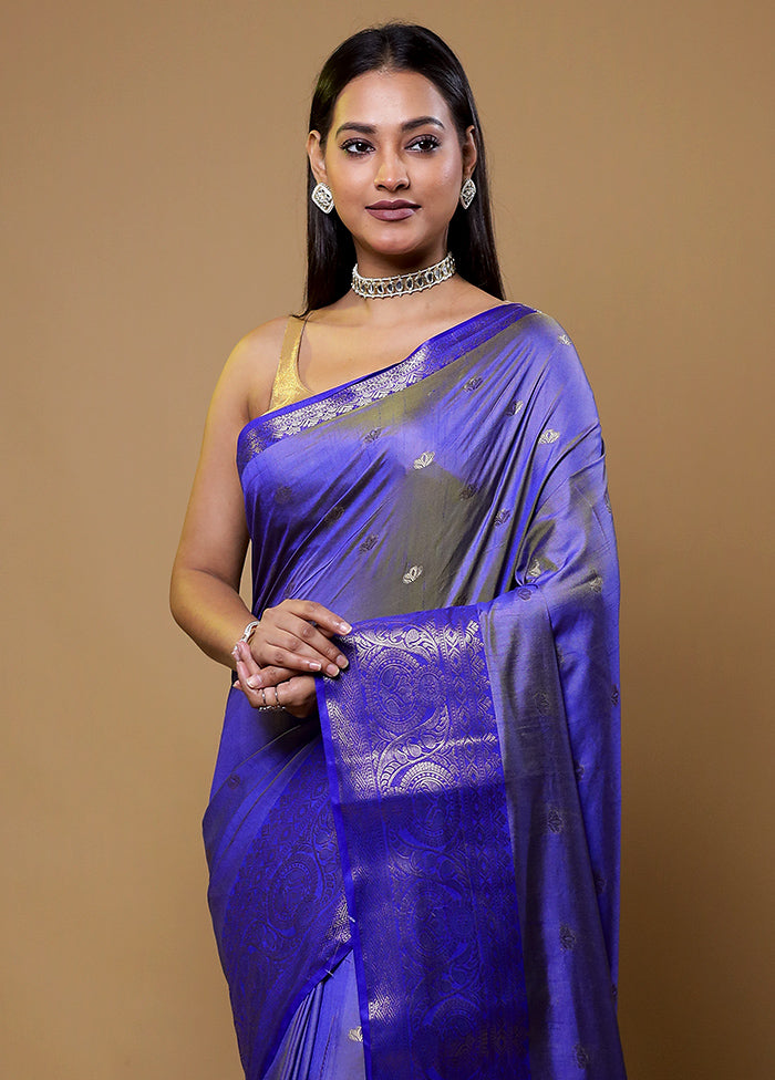 Blue Dupion Silk Saree With Blouse Piece