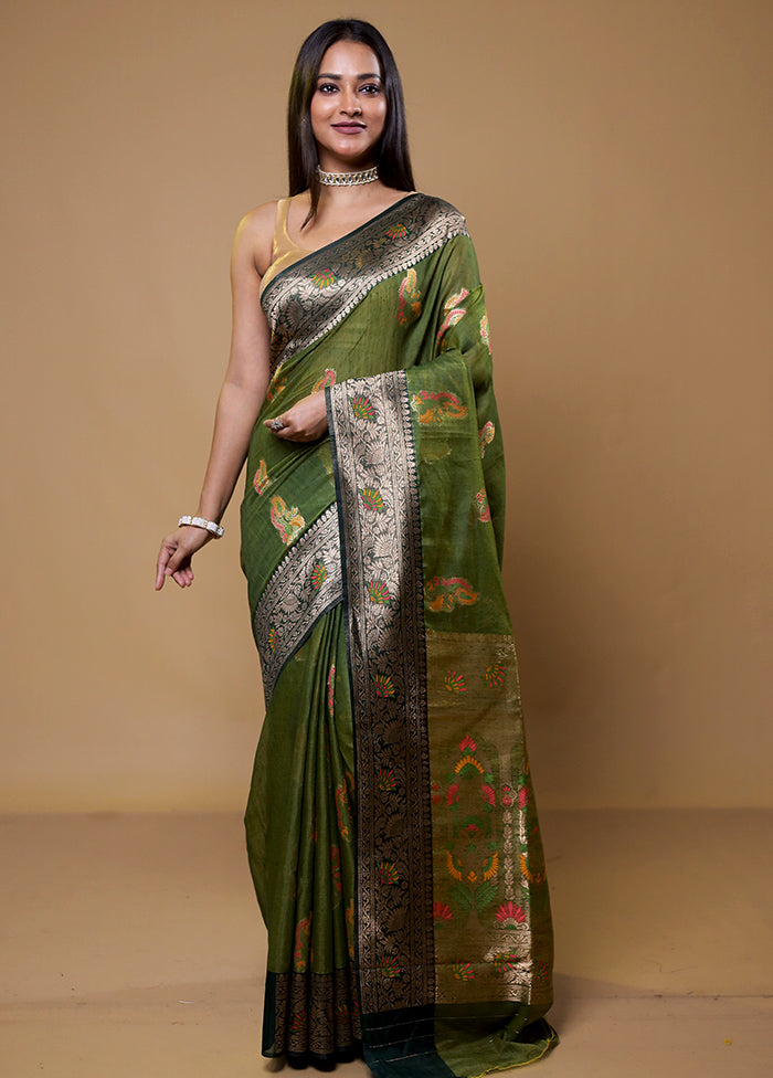 Green Dupion Silk Saree With Blouse Piece