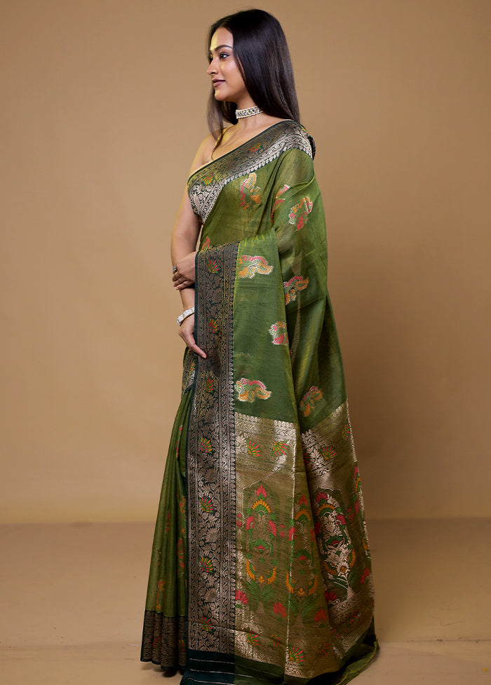 Green Dupion Silk Saree With Blouse Piece