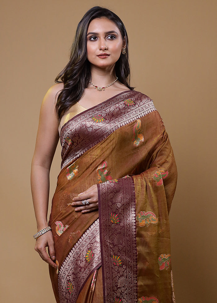 Brown Dupion Silk Saree With Blouse Piece