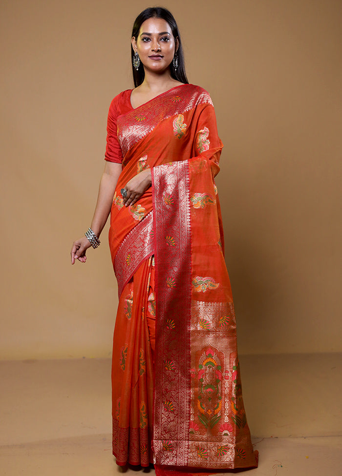 Orange Dupion Silk Saree With Blouse Piece