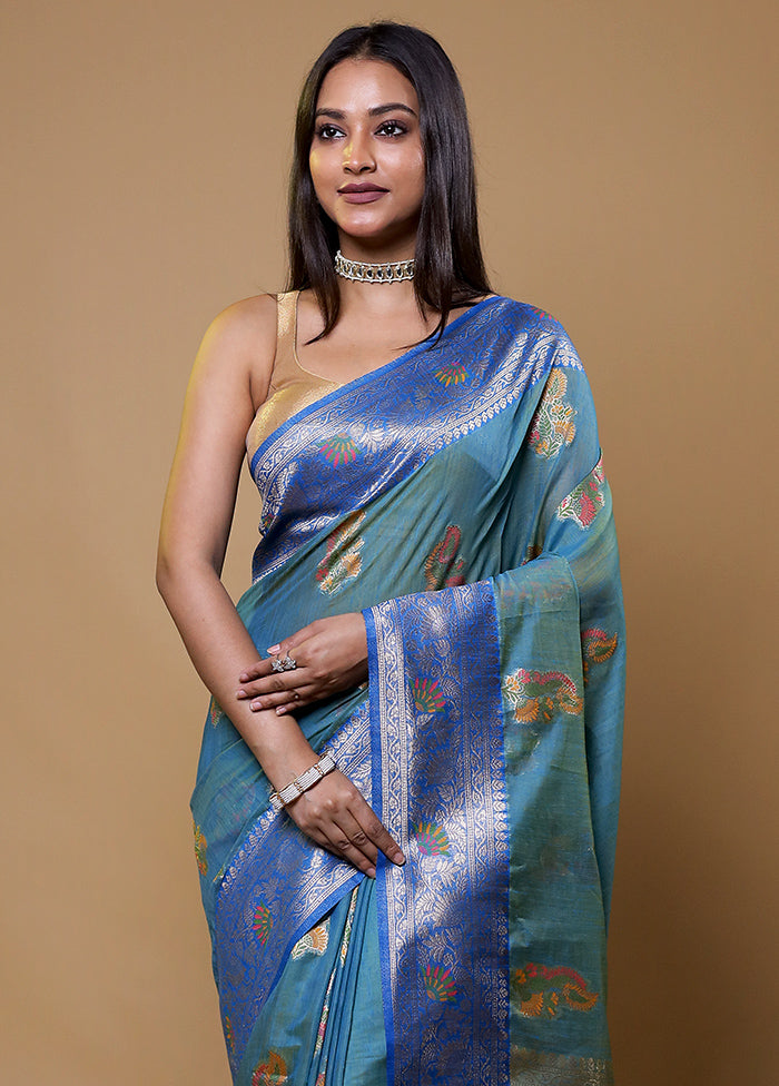 Blue Dupion Silk Saree With Blouse Piece