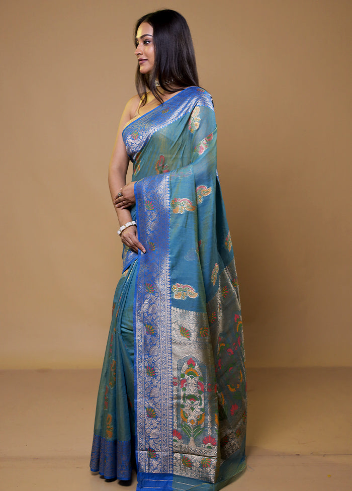 Blue Dupion Silk Saree With Blouse Piece