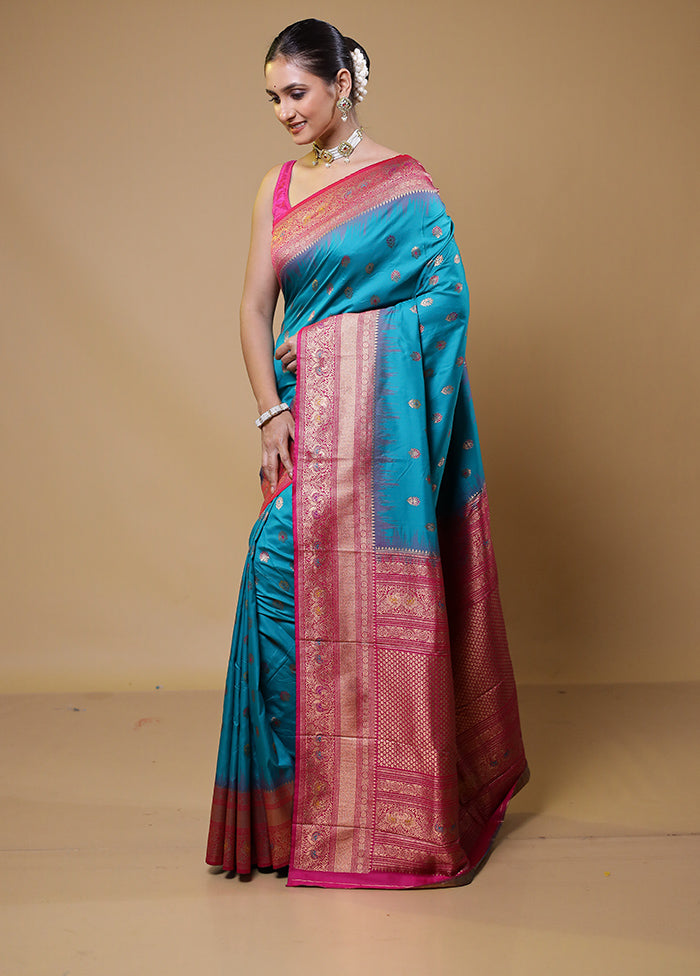 Blue Dupion Silk Saree With Blouse Piece