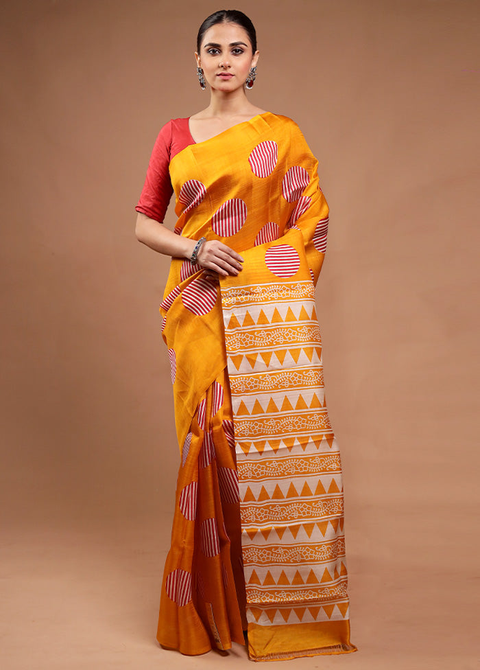 Yellow Printed Pure Silk Saree Without Blouse Piece