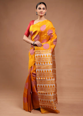 Yellow Printed Pure Silk Saree Without Blouse Piece