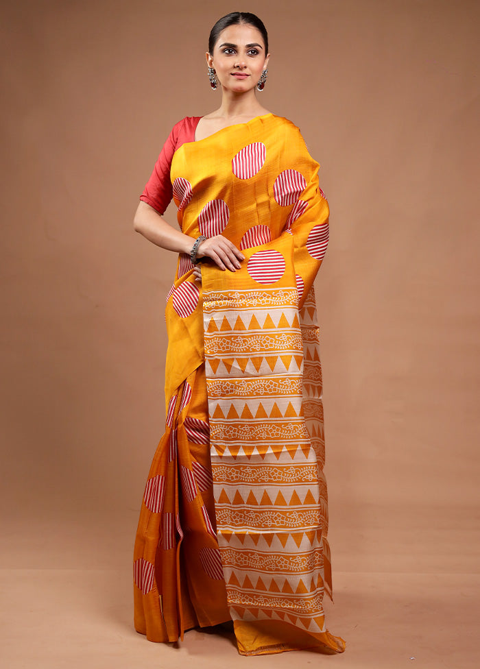 Yellow Printed Pure Silk Saree Without Blouse Piece