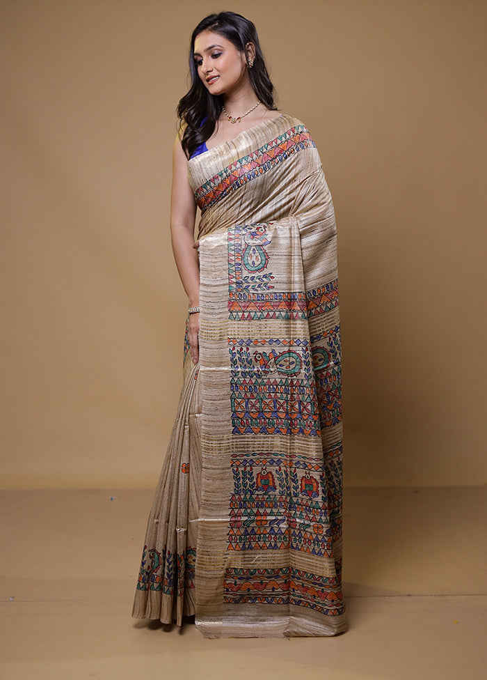 Cream Tussar Silk Saree With Blouse Piece