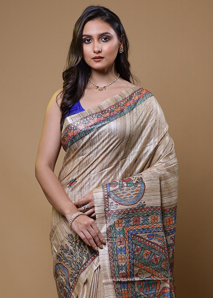 Cream Tussar Silk Saree With Blouse Piece