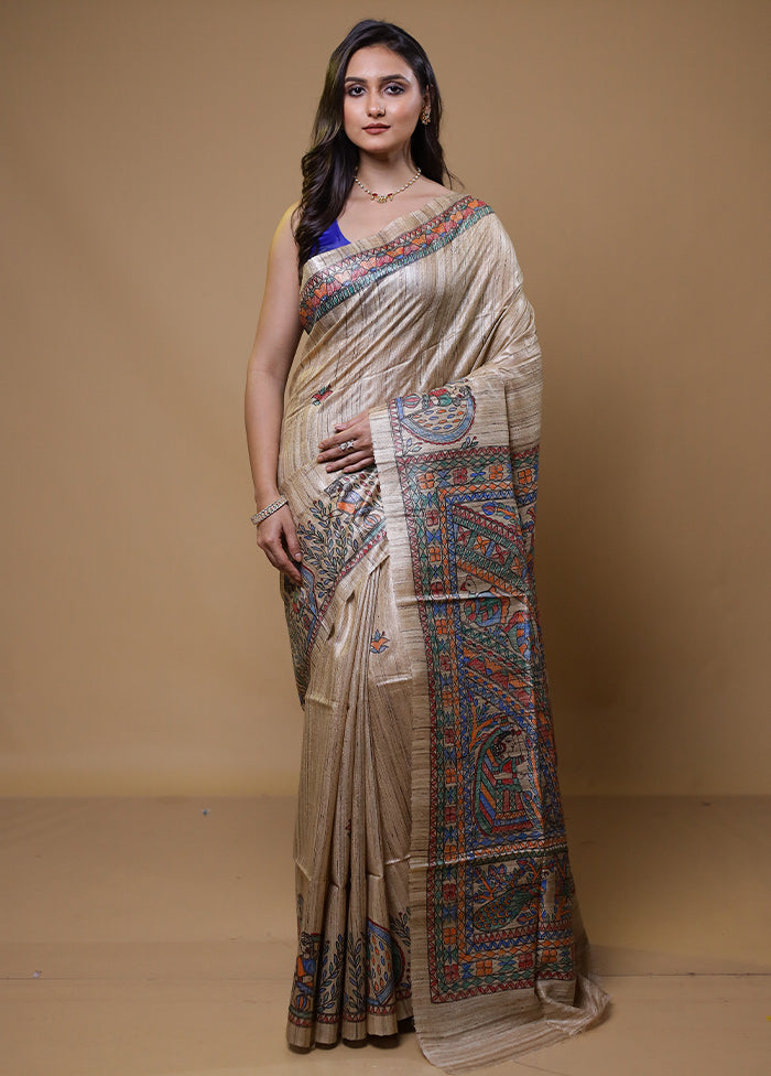 Cream Tussar Silk Saree With Blouse Piece