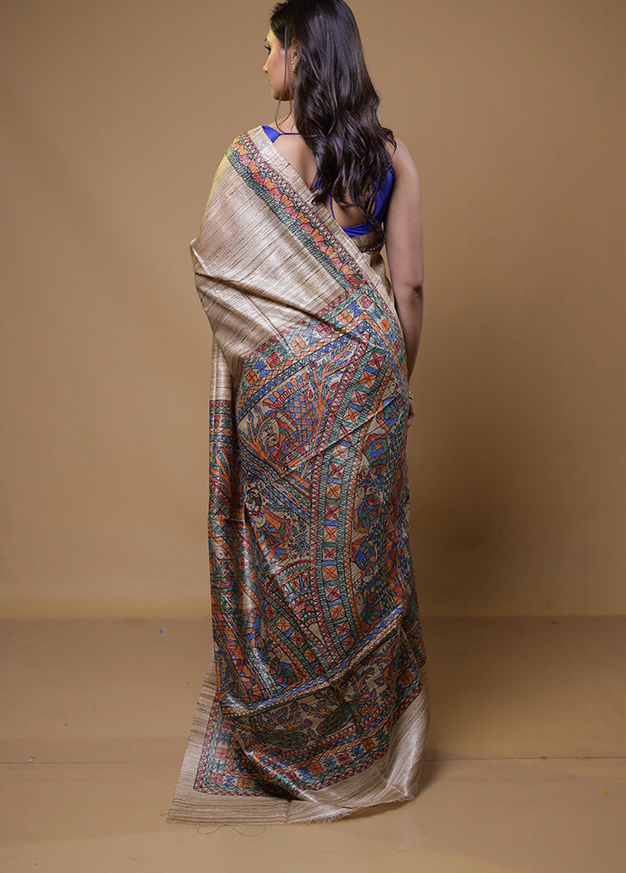 Cream Tussar Silk Saree With Blouse Piece