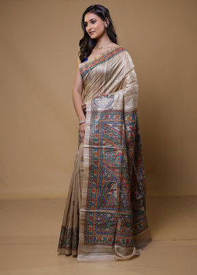 Cream Tussar Silk Saree With Blouse Piece