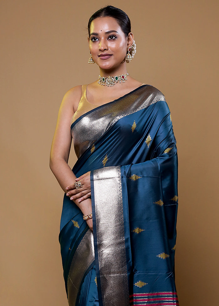 Blue Dupion Silk Saree With Blouse Piece