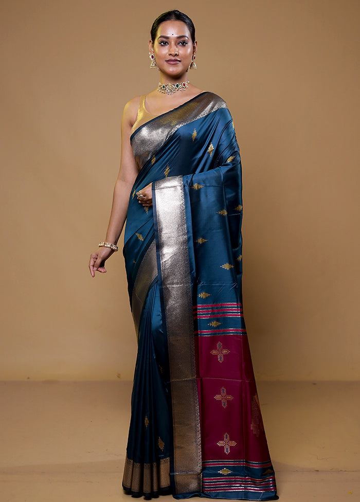 Blue Dupion Silk Saree With Blouse Piece