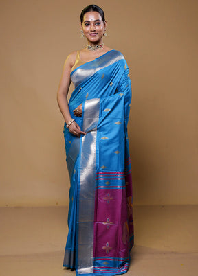 Blue Dupion Silk Saree With Blouse Piece