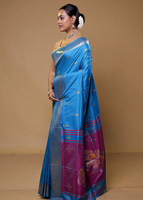 Blue Dupion Silk Saree With Blouse Piece