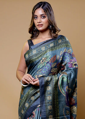 Grey Tussar Silk Saree With Blouse Piece