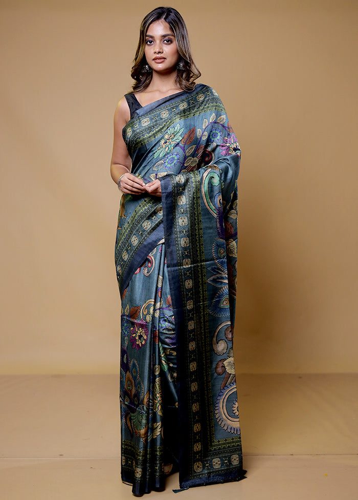 Grey Tussar Silk Saree With Blouse Piece