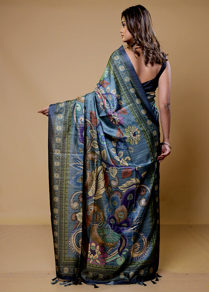 Grey Tussar Silk Saree With Blouse Piece