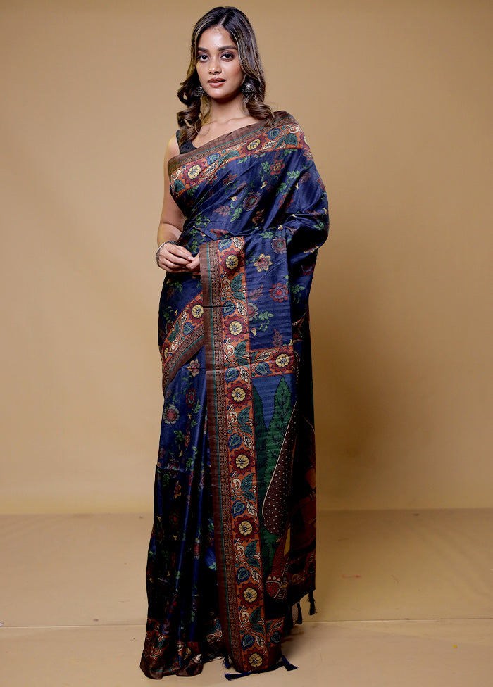 Blue Tussar Silk Saree With Blouse Piece