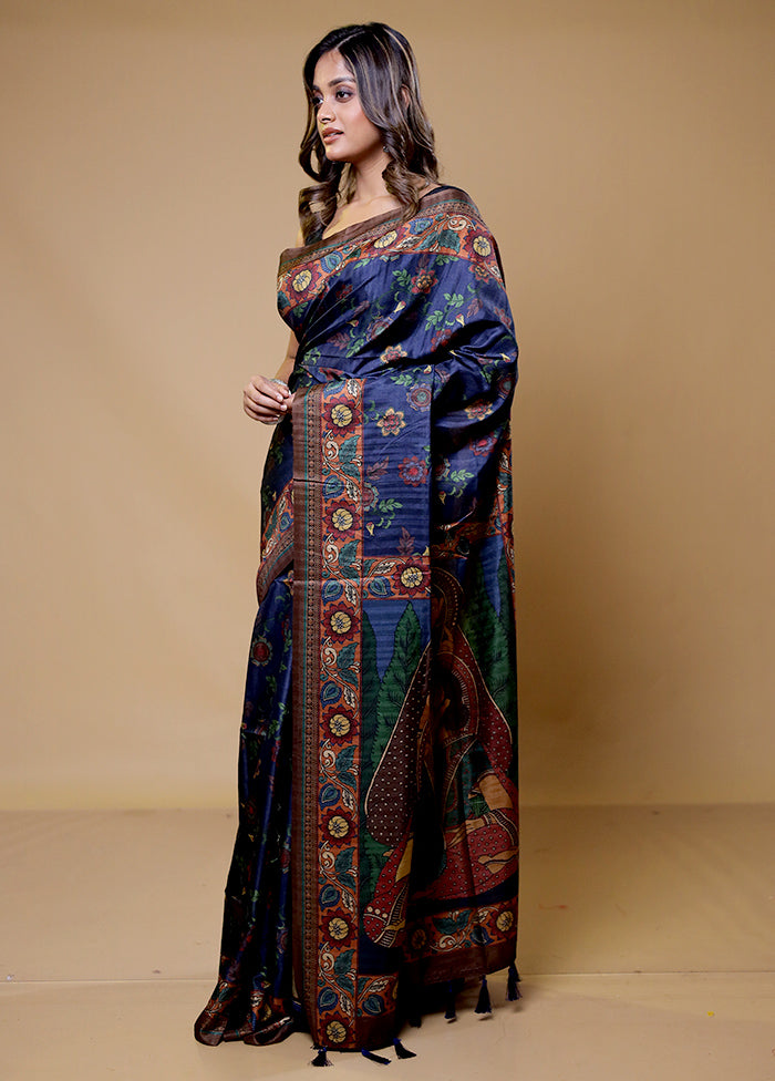 Blue Tussar Silk Saree With Blouse Piece