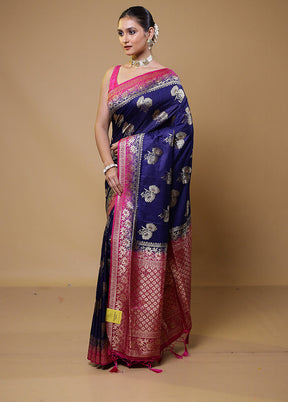 Blue Dupion Silk Saree With Blouse Piece