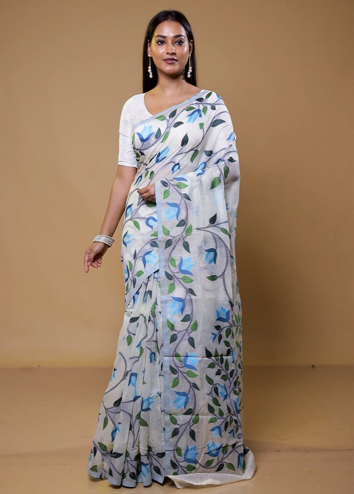 White Cotton Saree With Blouse Piece