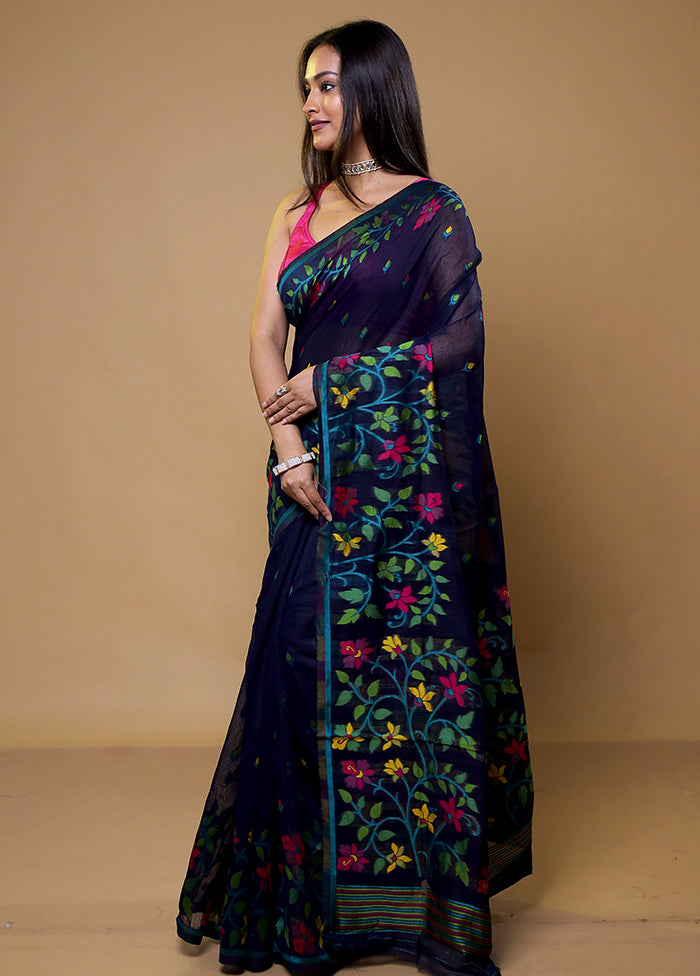 Blue Cotton Saree With Blouse Piece