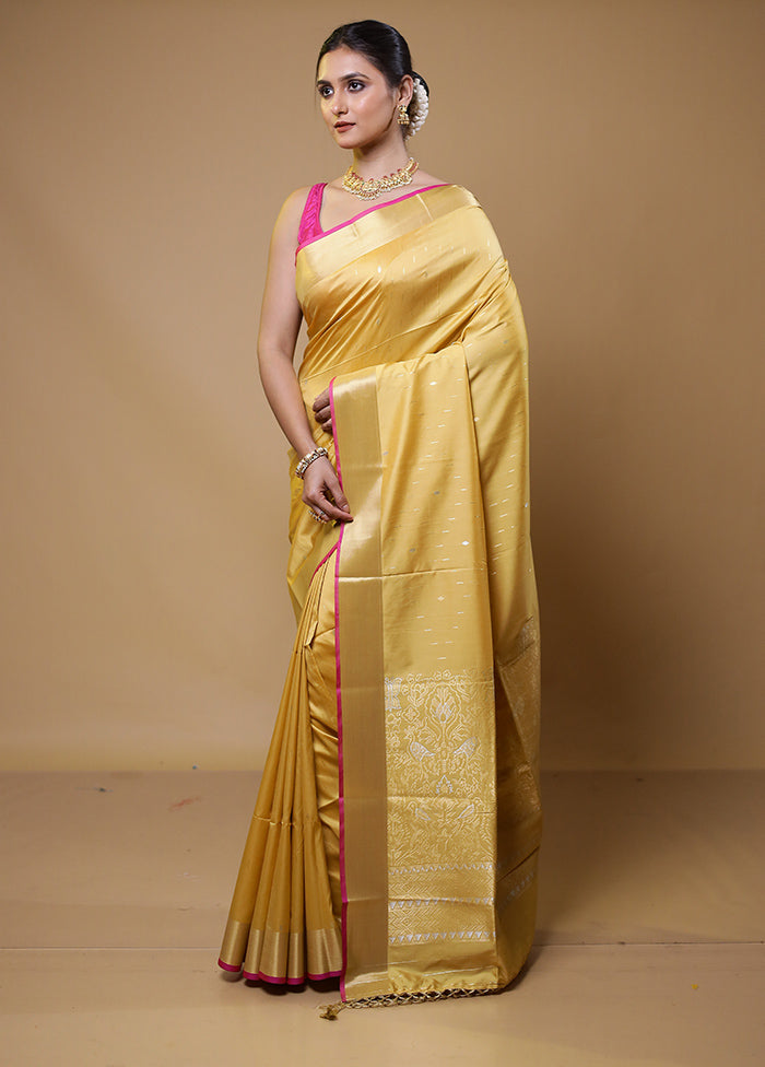 Yellow Dupion Silk Saree With Blouse Piece