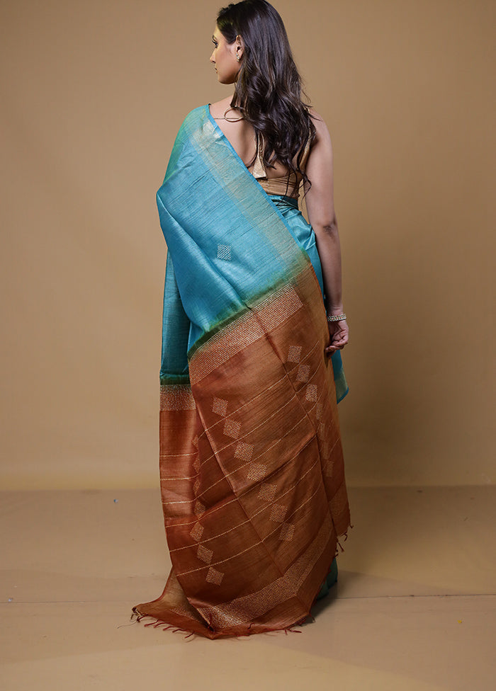 Blue Handloom Tussar Pure Silk Saree With Blouse Piece