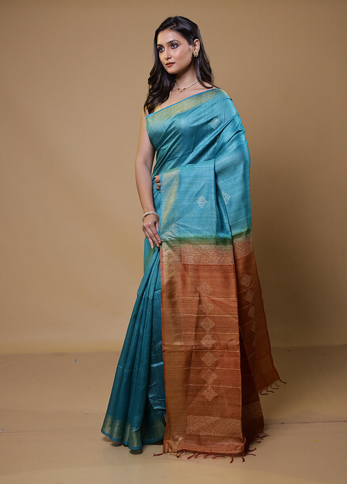 Blue Handloom Tussar Pure Silk Saree With Blouse Piece