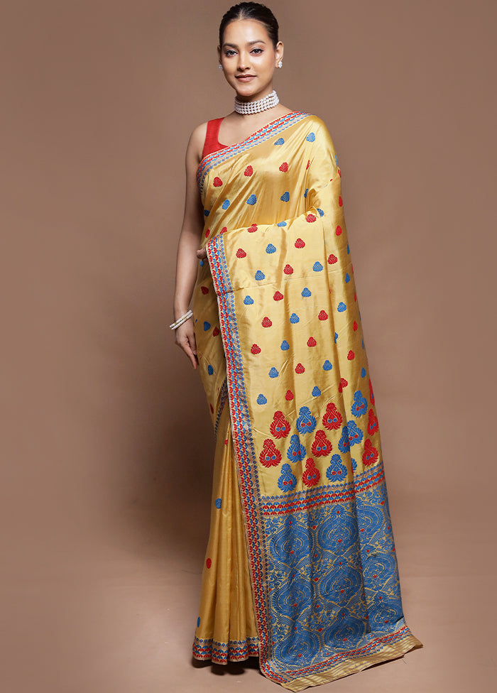 Cream Handloom Assam Pure Silk Saree With Blouse Piece