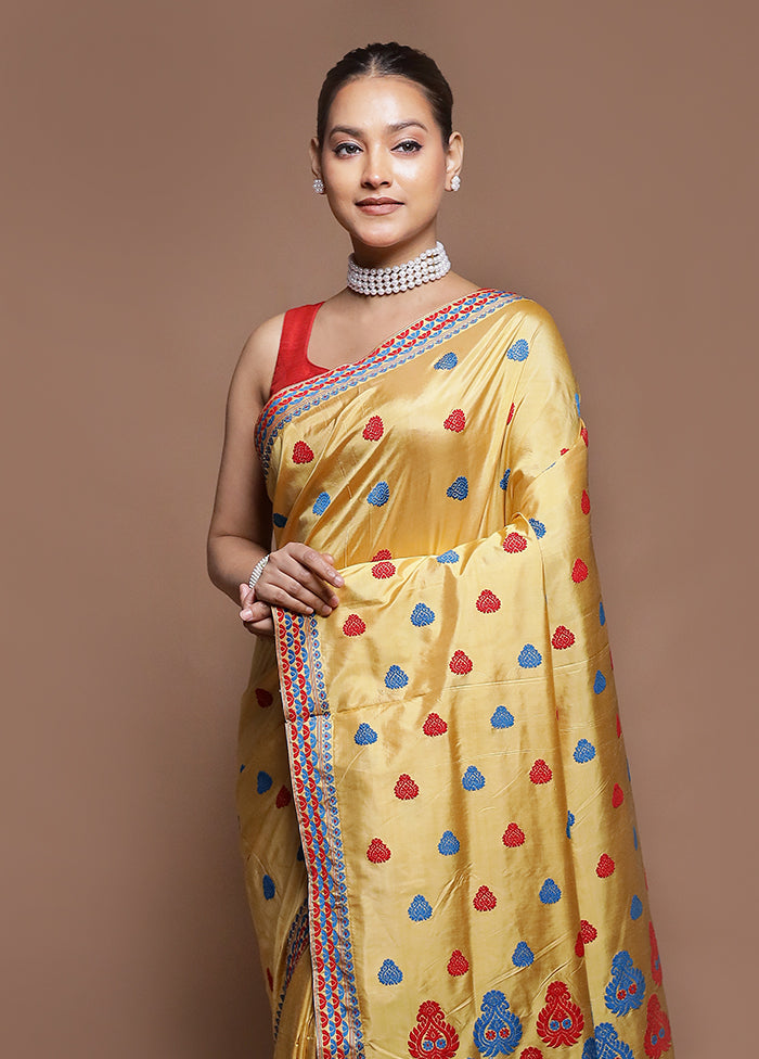 Cream Handloom Assam Pure Silk Saree With Blouse Piece