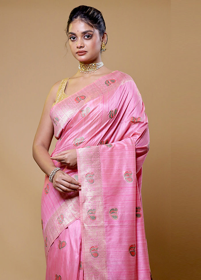 Pink Tussar Silk Saree With Blouse Piece