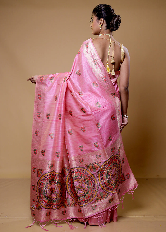 Pink Tussar Silk Saree With Blouse Piece