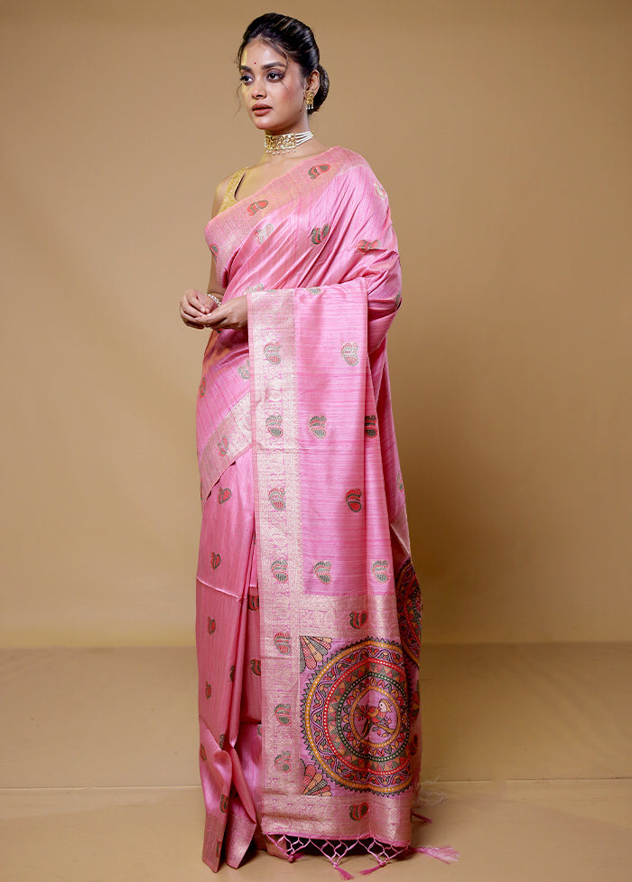 Pink Tussar Silk Saree With Blouse Piece