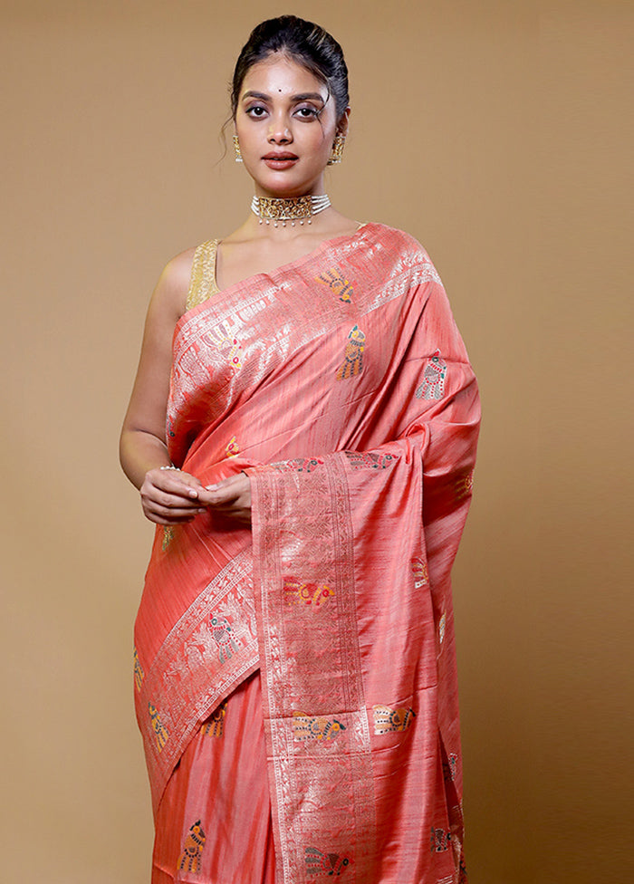 Pink Tussar Silk Saree With Blouse Piece